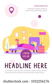 Old man and his pets resting in bed together. Sick person with hot drink, cat, dog flat vector illustration. Elderly age, domestic animals concept for banner, website design or landing web page