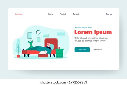 Old man and his pets resting in bed together. Sick person with hot drink, cat, dog flat vector illustration. Elderly age, domestic animals concept for banner, website design or landing web page