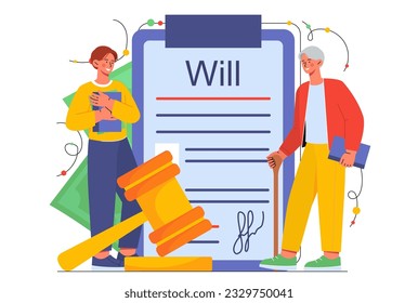 Old man with his will concept. Grandfather with cane against background of contract and document. Father with his young son. Wealth inheritance, official testamentary. Cartoon flat vector illustration