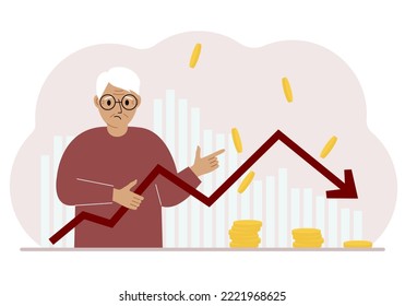 The old man is holding an arrow pointing down. The concept of problems in business, problems in the management of a company or a drop in income in a business. Vector flat illustration
