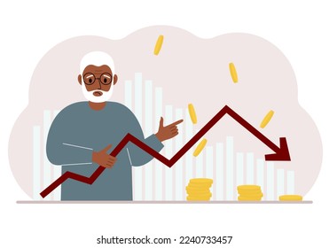 The old man is holding an arrow pointing down. The concept of problems in business, problems in the management of a company or a drop in income in a business. Vector flat illustration