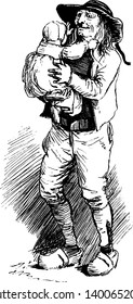 An old man holding baby, vintage line drawing or engraving illustration