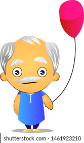 Old man holding balloon, illustration, vector on white background.