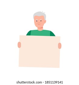 An Old Man Holding A Blank Poster. Cartoon Character Showing A Blank Banner. Vector Flat Illustration. 