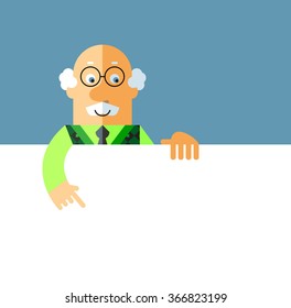 Old Man holding a blank sheet pointing. Flat style vector illustration on gray background.