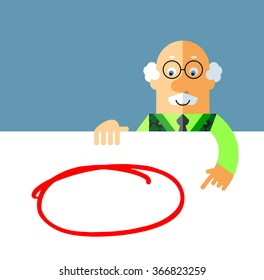 Old Man holding a blank sheet and pointing on red empty frame. Flat style vector illustration on gray background.