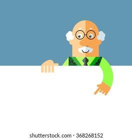 Old Man holding a blank sheet pointing. Flat style vector illustration on gray background.