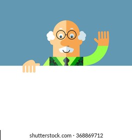 Old Man holding a blank sheet and waving hand greeting. Flat style vector illustration on gray background.