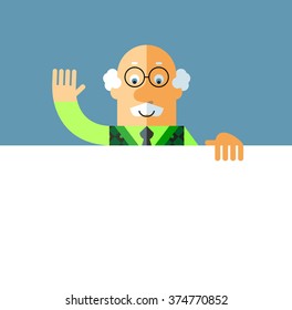 Old Man holding a blank sheet and waving hand greeting. Flat style vector illustration on gray background.
