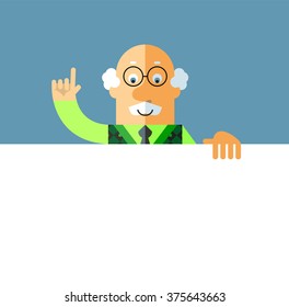 Old Man holding a blank sheet and making attention gesture with forefinger. Flat style vector illustration on gray background.