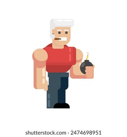 Old Man holding a Bom, Geometric flat design character illustration.