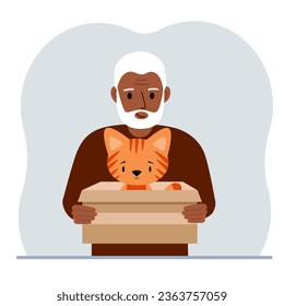 A old man is holding a cardboard box with a beautiful ginger cat. The concept of rescue, help and care for pets.
