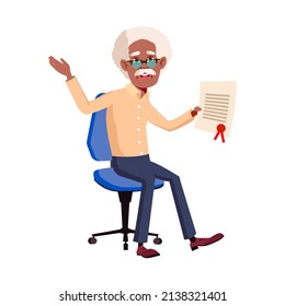 Old Man Holding Certificate List Reward Vector. African Aged Grandfather Sitting On Chair And Hold Certificate Document Won In Game Competition. Mature Character Winner Flat Cartoon Illustration