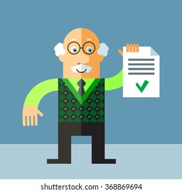 Old Man  holding check list. Flat style vector illustration on gray background.