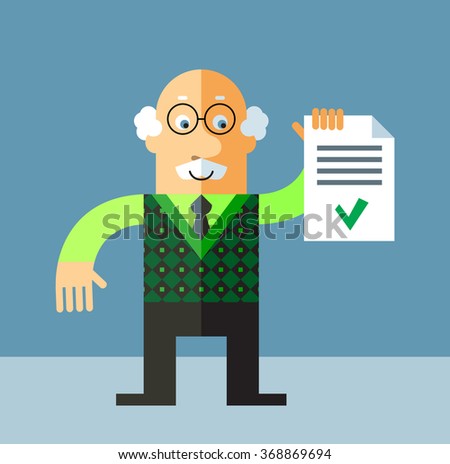 Old Man  holding check list. Flat style vector illustration on gray background.