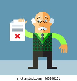 Old Man holding checklist with X sign. Flat style vector illustration on gray background.