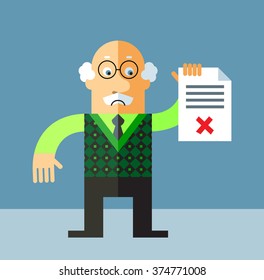 Old Man holding checklist with X sign. Flat style vector illustration on gray background.
