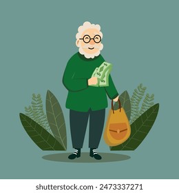 Old man holding a dollar bill  and a bag of money  In the form of collecting money. Concept Saving money for expenses during old age.