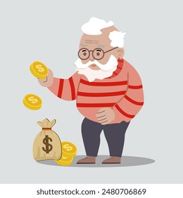 Old man holding a dollar bill  and a bag of money  In the form of collecting money. Concept Saving money for expenses during old age.