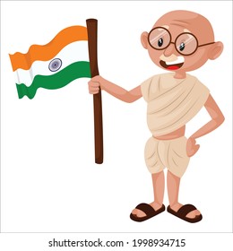 Old man is holding the flag in his hand. Vector graphic illustration. Individually on a white background.