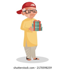 El anciano está sosteniendo una caja de regalo en mano. Ilustración gráfica vectorial. Individualmente sobre fondo blanco.
