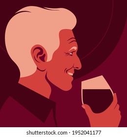 The old man is holding the glass of the red wine. Profile of the sommelier. Vector flat illustration