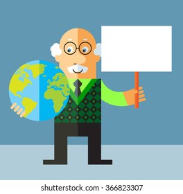Old Man holding a globe and blank sign. Flat style vector illustration on gray background.