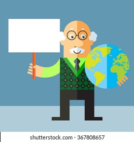 Old Man holding a globe and blank sign. Flat style vector illustration on gray background.