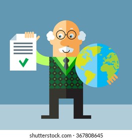 Old Man holding a globe and check list with green mark. Flat style vector illustration on gray background.