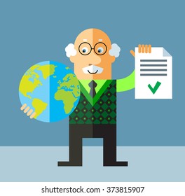 Old Man holding a globe and check list with green mark. Flat style vector illustration on gray background.