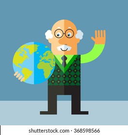 Old Man holding a globe and waving hand. Flat style vector illustration on gray background.