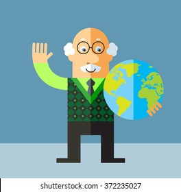 Old Man holding a globe and waving hand. Flat style vector illustration on gray background.