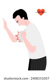 Old man holding his chest with heart attack sign. Heart pain and symptom of heart disease concept in flat vector illustration.