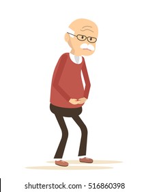 Old Man Holding His Stomach. Senior With Griping. Elderly Man Sick. Vector Illustration Flat Design.