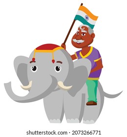 anciano con bandera india montando en elefante vector de dibujos animados. anciano con bandera india montando en elefante personaje animal. ilustración de dibujos animados planos aislados