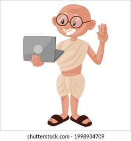 Old man is holding the laptop in hand. Vector graphic illustration. Individually on a white background.