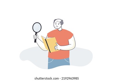 Old man holding magnifying glass and open paper book. Person reading document, studying information flat vector illustration. Search, library concept for banner, website design or landing web page