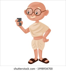 Old man is holding a mobile phone in hand. Vector graphic illustration. Individually on a white background.