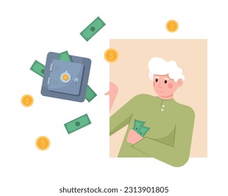 Old man holding money, looking at safe. Earning and saving money concept. Finance management practice. Successful career, high salary and pension. Vector illustration in flat design