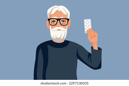 
Old Man Holding Pill Tablet Treatment Vector Cartoon Illustration. Grandpa feeling sick holding medication relief
