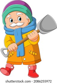 The old man is holding a shovel of illustration