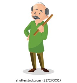 Old man is holding a stick in hand. Vector graphic illustration. Individually on white background.