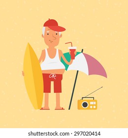 Old man holding surfboard and drinks juice
