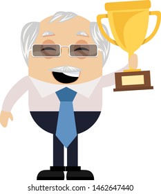 Hombre mayor sosteniendo trofeo, ilustración, vector sobre fondo blanco.