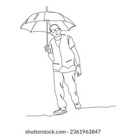 Old man holding umbrella on raining weather day. Wearing t-shirt and vest, glasses, watch. Black and white vector illustration in line art style.