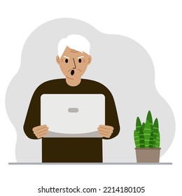 Ein alter Mann hält einen Laptop-PC oder benutzt ihn. Konzept der Laptop-Computertechnologie. Vektorflache Illustration.