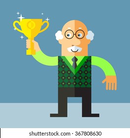 Old Man Holding Winning Trophy. Flat Style Vector Illustration On Gray Background.