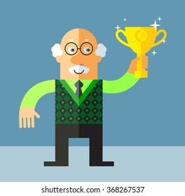 Old Man holding winning trophy. Flat style vector illustration on gray background.