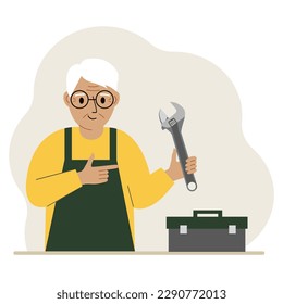 A old man holds an adjustable wrench in his hand and a tool box next to it. The concept of technical repair or service. Flat design vector illustration.