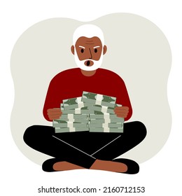 A old man holds bundles of cash, money or banknotes in his hands. Successful business and finance concept illustration in flat style. Vector illustration